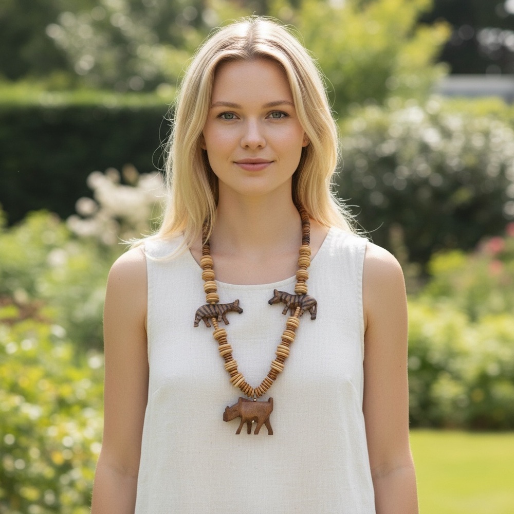 Vintage Boho Handcrafted Wooden Animal Bead Necklace
